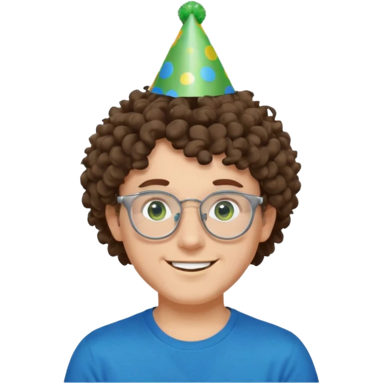A white guy with curly brown hair and green eyes with a happy face, and wear square glasses.He’s also got a full silver birthday party hat on his head with blue pom poms on top of it, and his T-shirt is all black, he wears a little gold circle earrings on his left  emoji