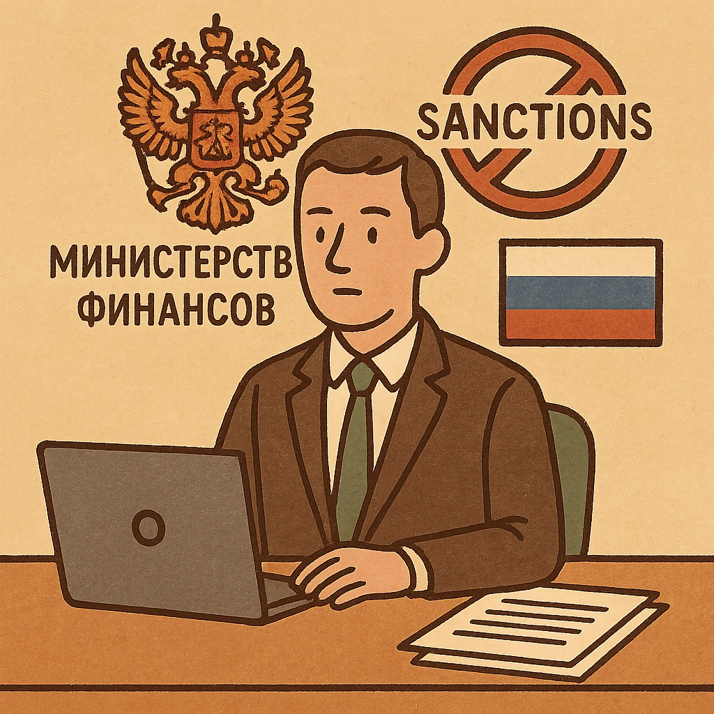 Russian Ministry of Finance employee dealing with sanctions, minimalistic, professional attire, neutral expression, clean office environment, Russian symbols integrated emoji