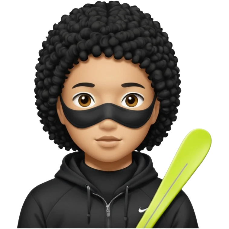 Blasian teenager wearing a hoodie with black curly hair and nike ski mask emoji