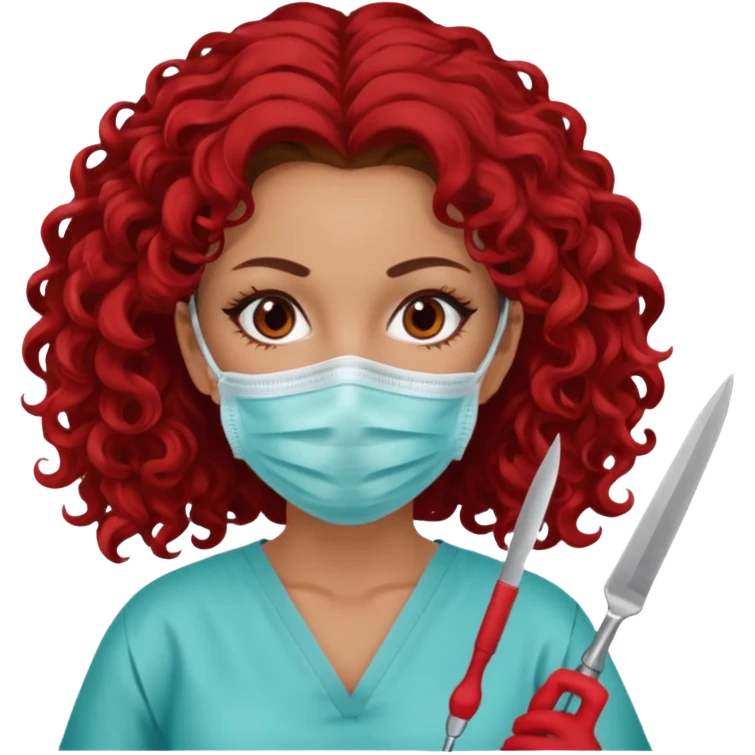 Lilith symbol seductress evil surgeon. curly, long hair. brown hair. Red surgical mask and hair covering. She works for cartel and kills  with a scalpel. emoji