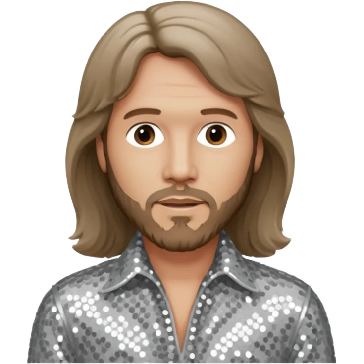 Barry Gibb from Bee Gees with light grey sequin outfit, long brown hair emoji