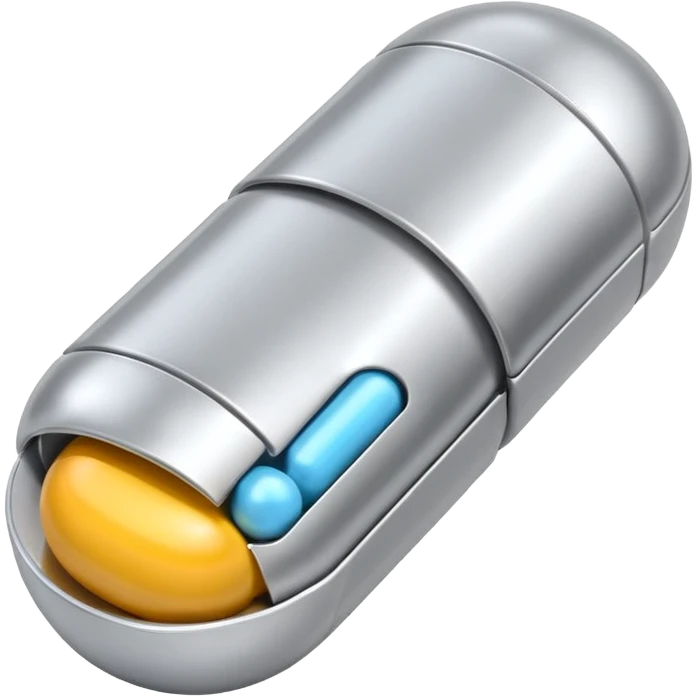 capsule pill emoji, metallic silver halves, smooth glossy finish, futuristic pharmaceutical 3D icon, isolated on white emoji
