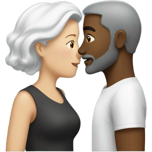 Black man with brown hair and beard kissing white female with short grey hair  emoji