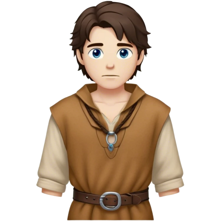 Medieval spring outfit worn by a DnD themed fantasy male character. Rustic tan wool tunic with bone toggle closures, secured by a twisted leather cord belt. Clothes only above the waist, full waist coverage. The character has no arms. Character is white-skinned with dark honey hair, steel blue eyes, and medium-length tousled hair with natural highlights. emoji