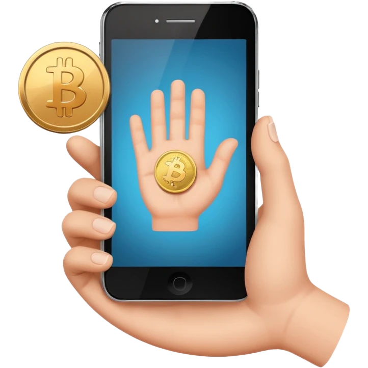 hand holding a phone showing a play icon and coin emoji