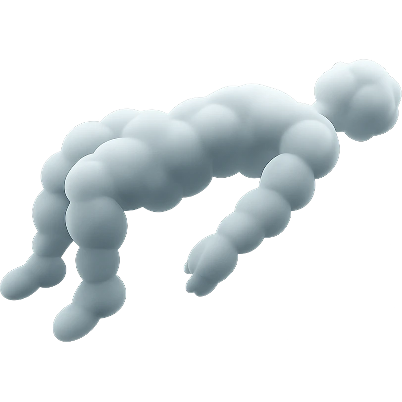 side view of unconscious person flying torso up, legs and arms down, made of small very bright white fluffy convex clouds, matte glass style emoji