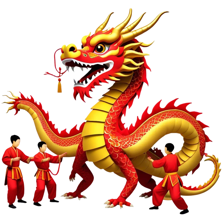Cinematic Realistic scene of a traditional Chinese Dragon Dance featuring a team of performers skillfully manipulating a colossal, flexible dragon puppet, its intricately detailed, vibrant scales and flowing, embroidered fabric catching the light, set against a festive backdrop of red lanterns and dynamic red-tinged lighting that accentuates the majestic presence of the dragon puppet. emoji