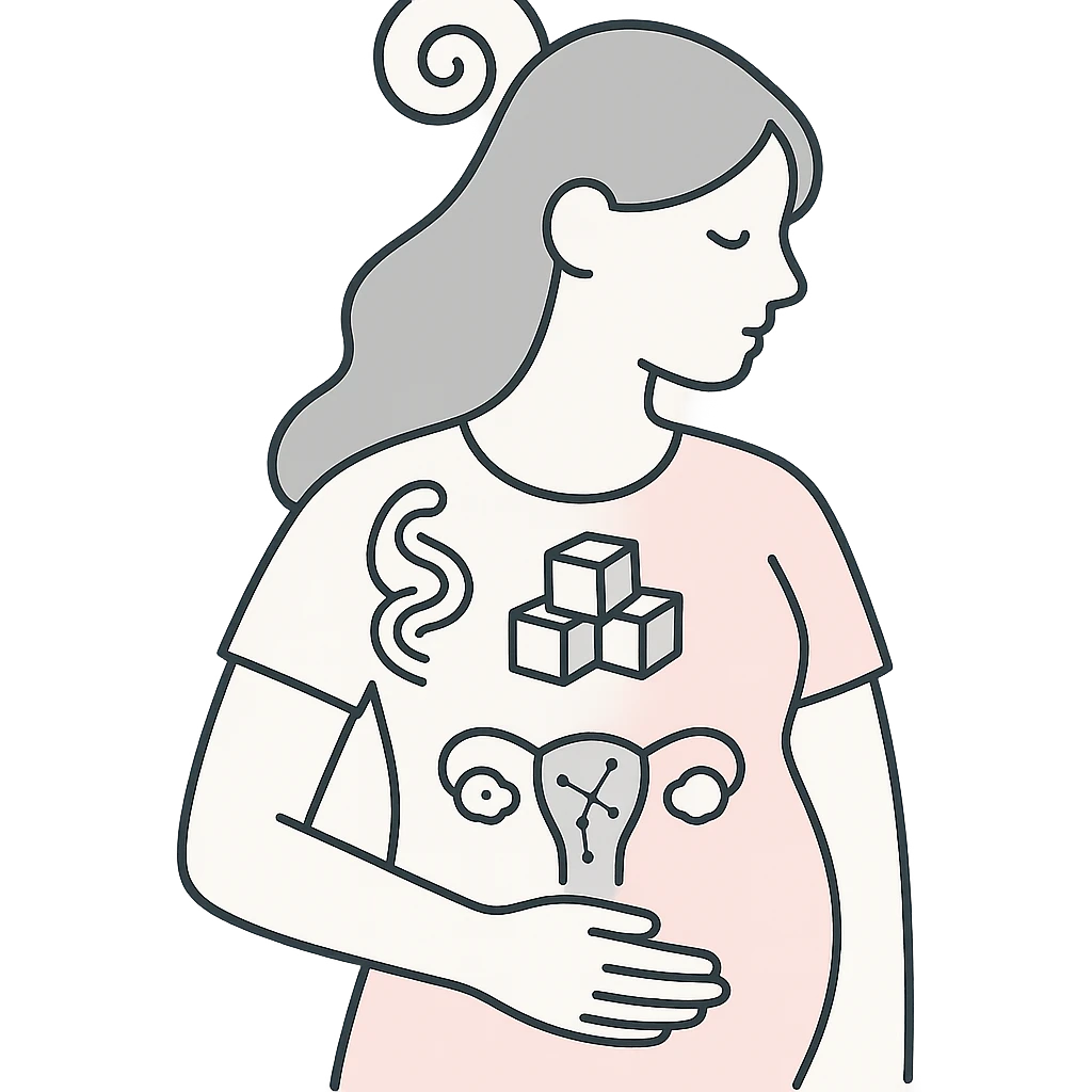 pastel minimalist illustration of a woman's outline filled with abstract PCOS signs including spiraling hair, sugar cubes, constellation-shaped ovaries, clean medical style emoji