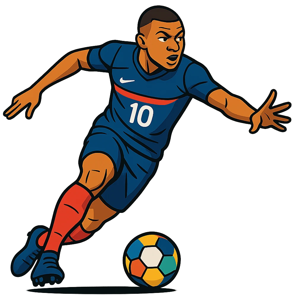 dynamic pose of Kylian Mbappé in soccer uniform emoji