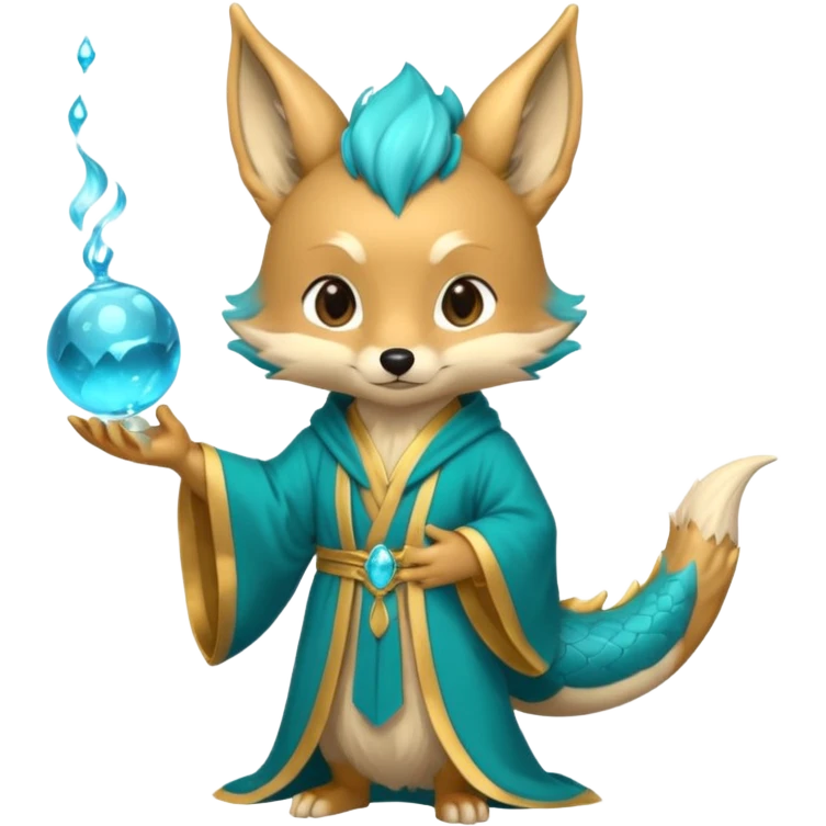 Chibi teal fox with gold mark on forehead, teal-gold robe, holding glowing blue water orbs, with dragon tail on its backside with small antler horns on its head emoji