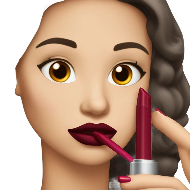 White brunette femme fatale dressed in burgundy putting lipgloss on her lips emoji