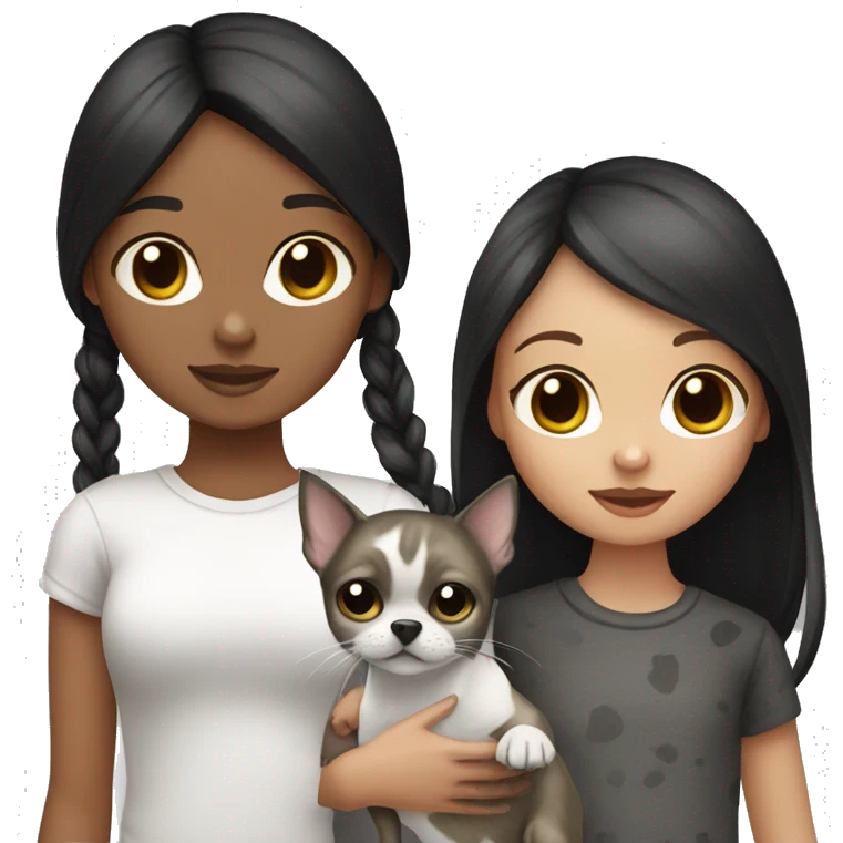girl with dark brown hair holding a grey and black tabby cat and a white with black spots Chihuahua  emoji
