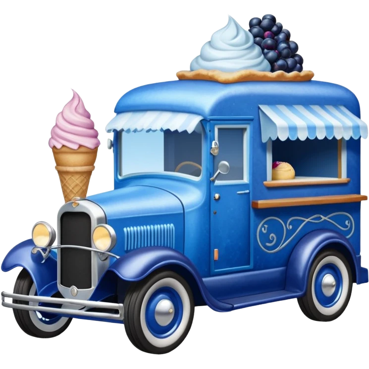 shiny-dark-blue crystal-bodied frozen blueberry muffin, pie, and ice cream, antique hot rod long-wheelbase durable-looking food truck  emoji