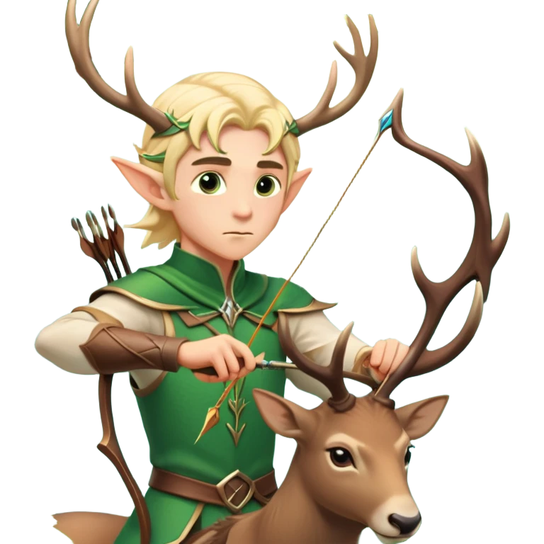 clash-of-clans-aesthetic-blond-male elf-archer-portrait-emoji, rendered in a flat, vector-style with minimal shading and bold holding his bow, simplified shapes, head tilted slightly forward with a determined, focused expression, riding a majestic stag whose antlers glow with mystical energy, set against an ancient, enchanted forest backdrop. emoji
