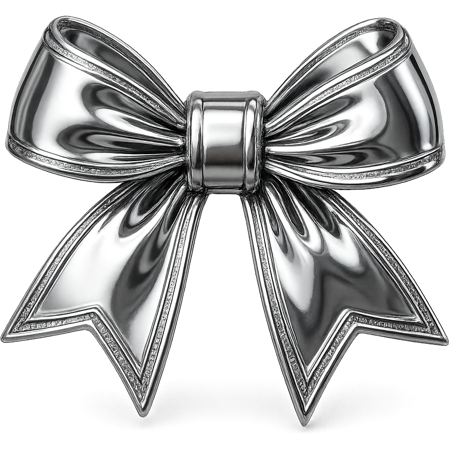 reflective chrome present with an ornate metallic bow, highly polished emoji