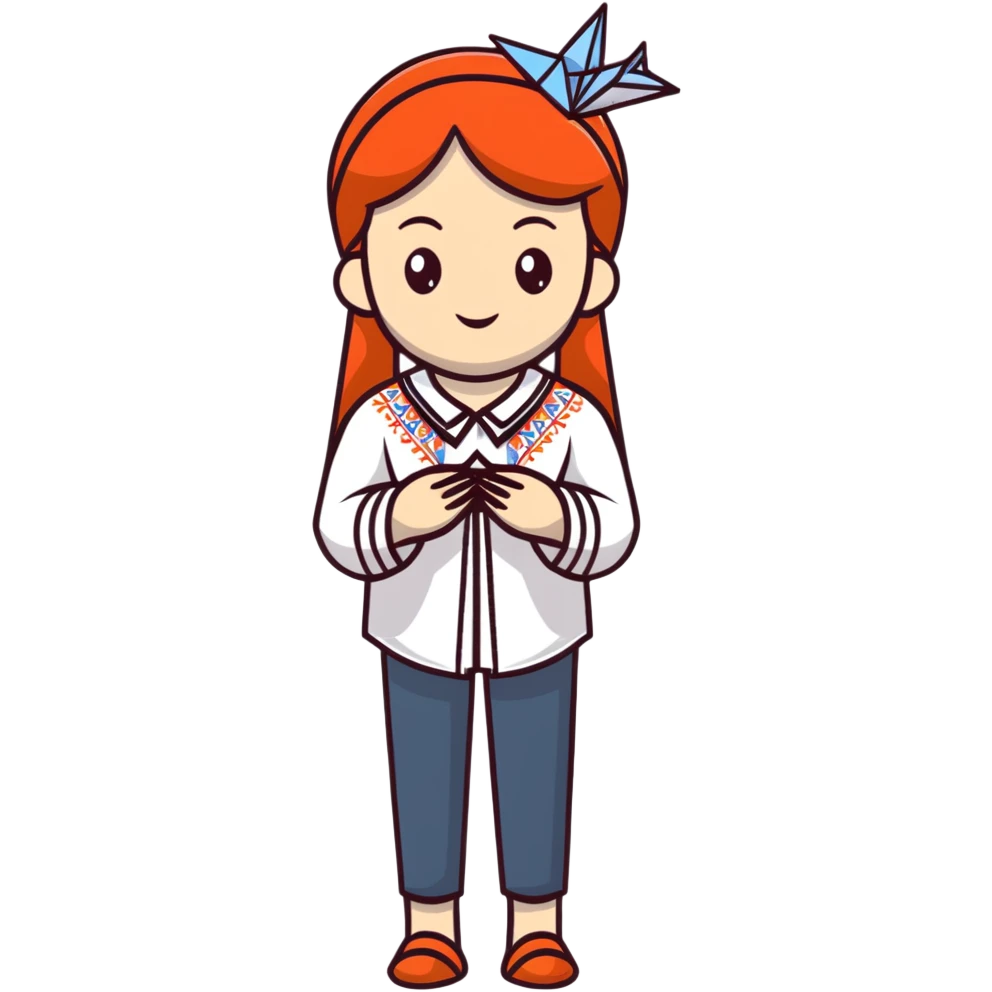 Ukrainian young girl in a white embroidered traditional shirt (vyshyvanka) holding origami paper crane emoji