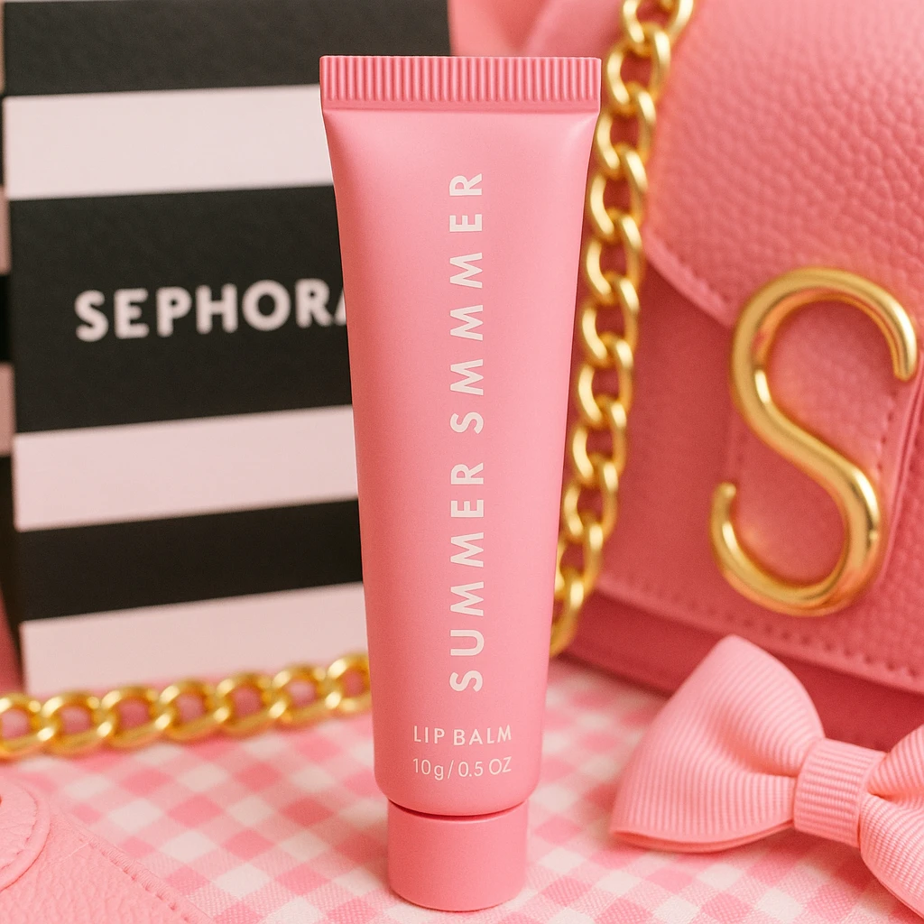 Close-up of a pink lip balm tube labeled 'Summer Fridays', with a Sephora bag and preppy pink accessories around it, bright and playful aesthetic emoji