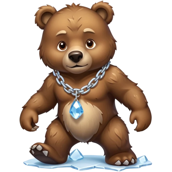 Fierce brown bear walking on four paws with an ice chain necklace, frozen chain links made of crystal clear ice, serious face emoji