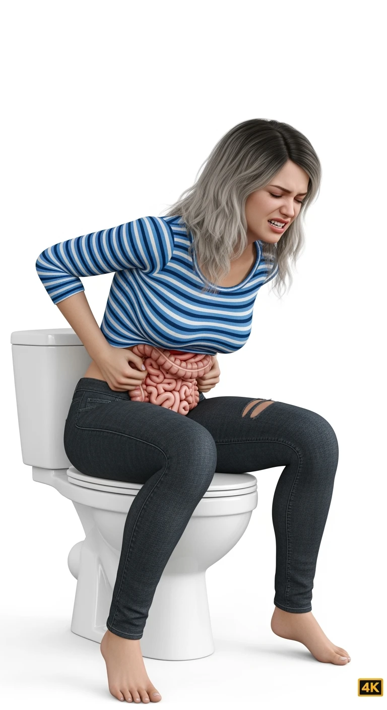 DONNA CON MAL DI PANCIA SEDUTA SUL WC MENTRE SI SFORZA, INTESTINO UMANO ANATOMICO IN EVIDENZA, IPERREALISTICA 4K, SFONDO BIANCO emoji