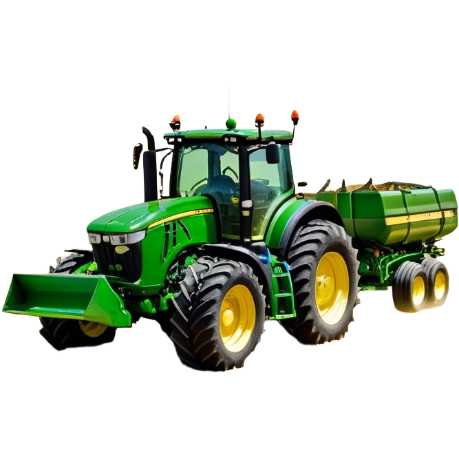 John Deere 6155M (2020) – Cinematic-realistic John Deere 6155M tractor, its iconic green and yellow body rolling across vast Australian farmlands. The powerful engine hums as it tows a massive plow, cutting through golden fields under a clear blue sky, dust rising in its wake. emoji