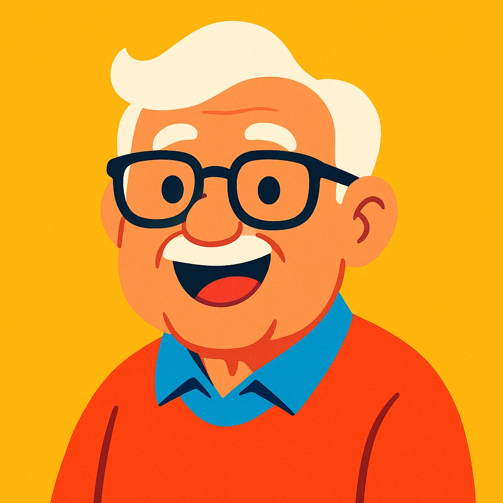 a smiling white-haired old man with black framed glasses, cartoon style, vibrant colors emoji