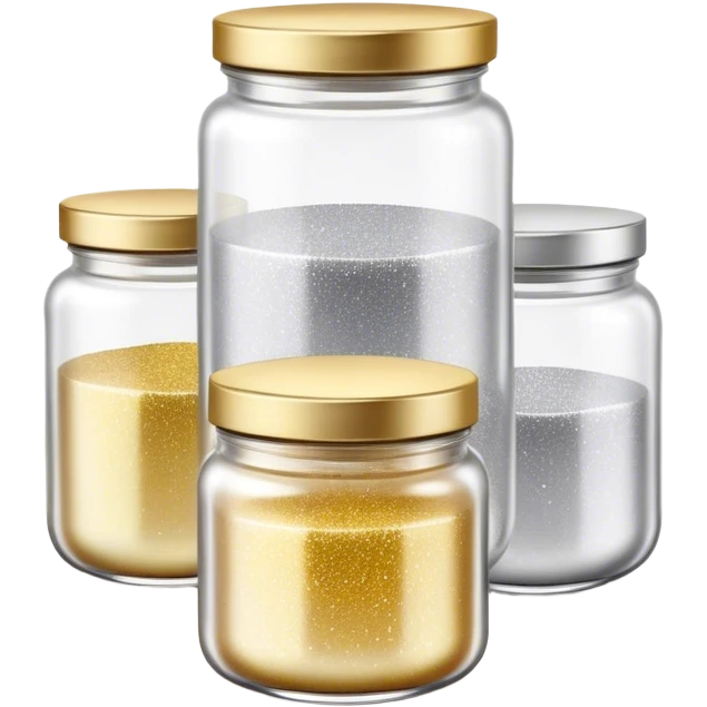 Cinematic Realistic Glitter Jars, elegant glass containers filled with ultra-fine shimmering gold and silver dust, light catching the tiny specks in a mesmerizing glow, slightly open lids revealing the rich, sparkling texture inside, set against a softly blurred background, radiating a sense of enchantment and wonder. emoji