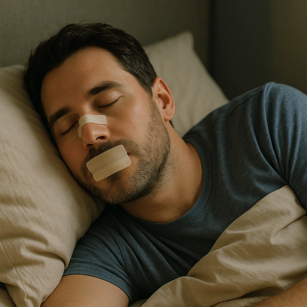 realistic illustration of a man sleeping peacefully with nasal strips on his nose and mouth tape on his mouth, promoting better breathing during sleep, calm and restful atmosphere emoji