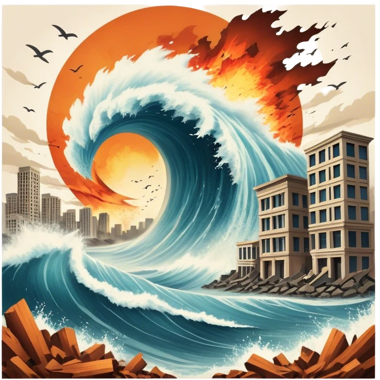 A vintage movie poster-style design with a dramatic scene of a natural disaster like an earthquake, tornado, or tsunami. Include crumbling buildings, flying debris, and fiery explosions. The background should be chaotic, with a cinematic, apocalyptic vibe. Transparent background. emoji