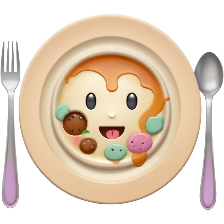 of a dirty plate after eating, leftover food scraps, sauce stains on the plate, small fork and spoon resting on the plate, slightly messy but funny, soft pastel colors, rounded shape, clean background, kawaii style, expressive and playful, high quality, emoji style emoji