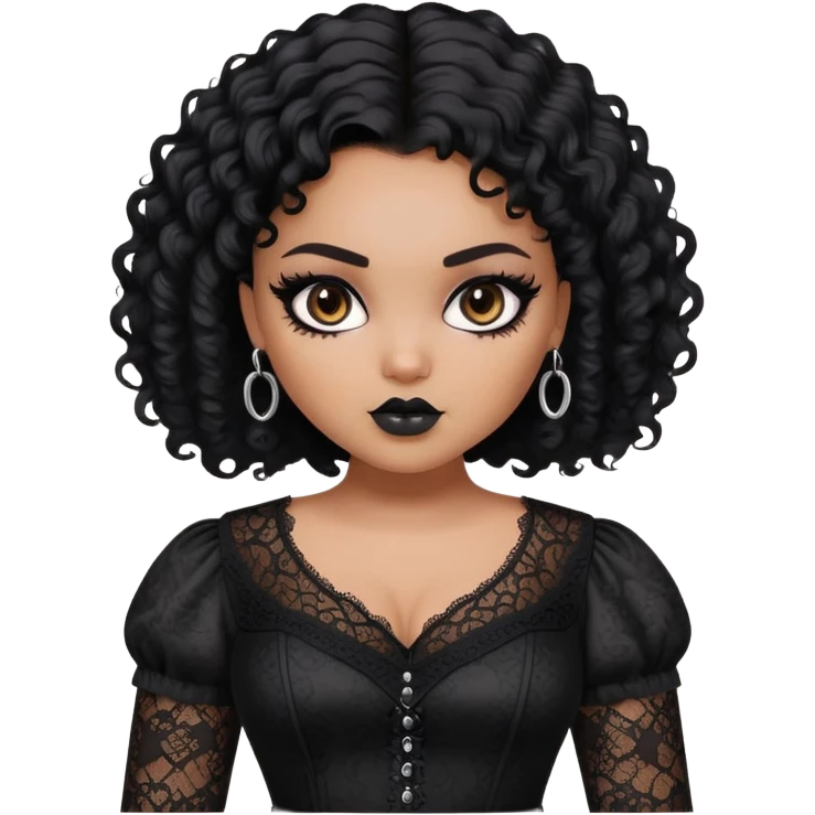 pretty bratz girl, fat pluz size, black curly short hair, brown eyes, black eyeliner, black skin, gothic lace clothes emoji