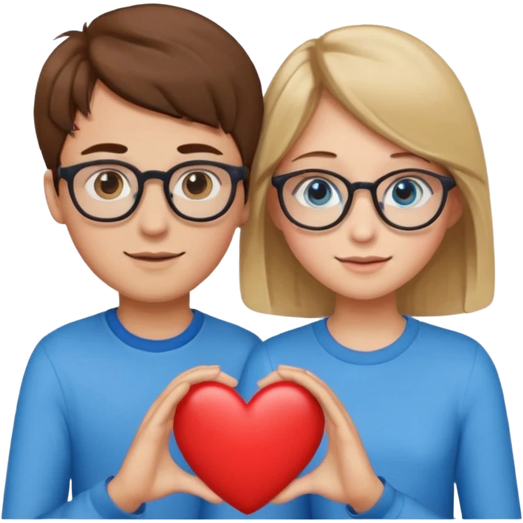 two young lovers, a heart in the middle, boy with brown hair and glasses, girl blonde with blue eyes, emoji style emoji