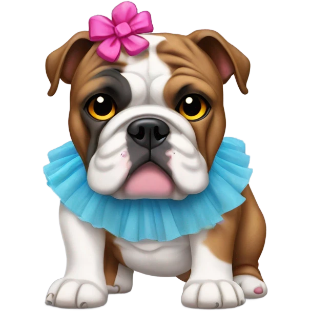 Brindle and white English bulldog wearing tutu  emoji