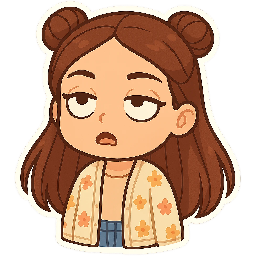 Create a chibi sticker of the girl from the reference image. She has brown straight hair styled in double buns, brown eyes, wearing a pastel floral cardigan and jeans. The expression is rolling her eyes as if saying 'oh my god'. The sticker should have a white outline and a transparent background, 512x512px. emoji