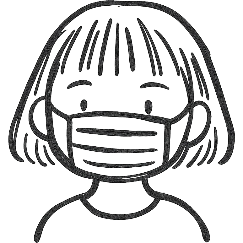 Old girl wearing medical mask with bangs and short hair, hair color brown emoji