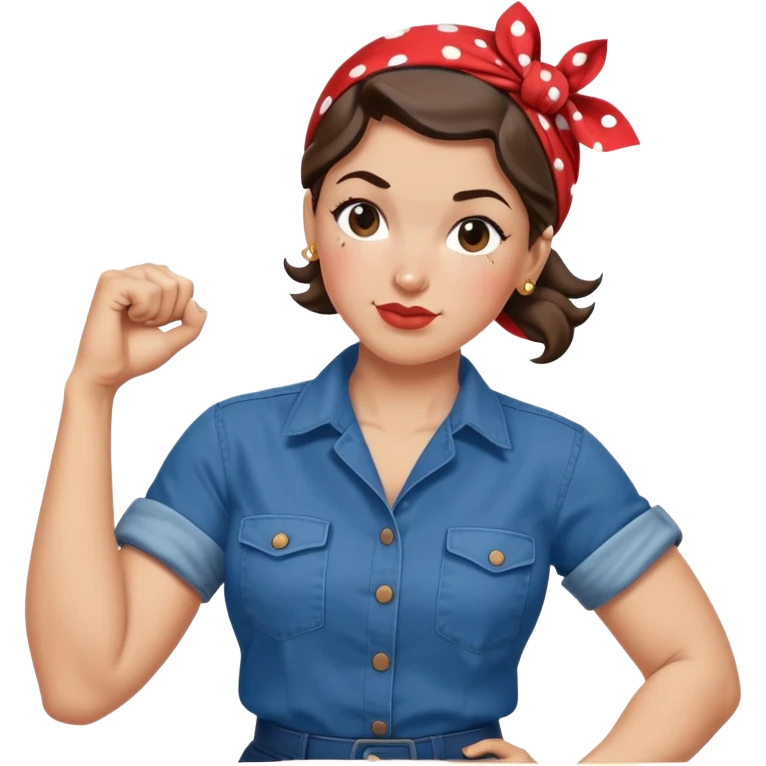 Rosie the Riveter in traditional pose flexing right arm, blue work shirt, red polka dot bandana, confident expression emoji