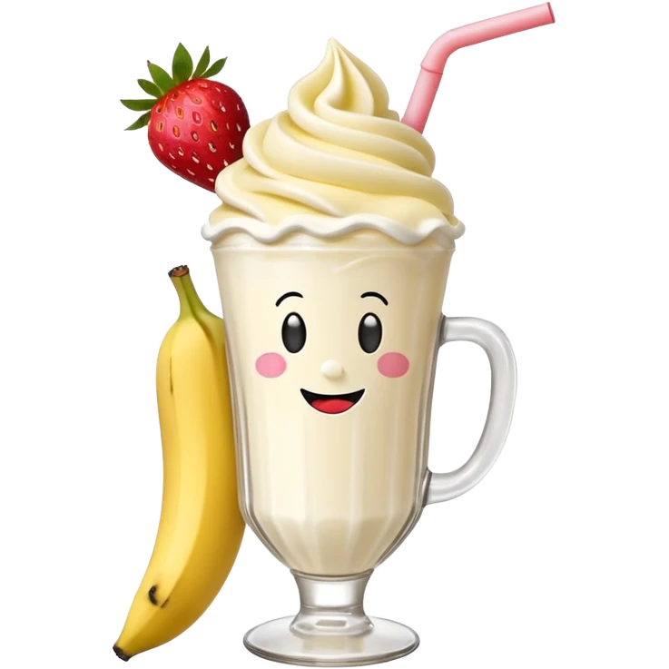 Milkshake vanilla with a banana sticking out of the milk shake it and two strawberries on both sides of the banana at the very tip of the banana, whipped cream and a smiley face emoji