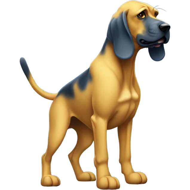 A Blue and yellow bloodhound dog standing erect on its hind legs boxing. emoji