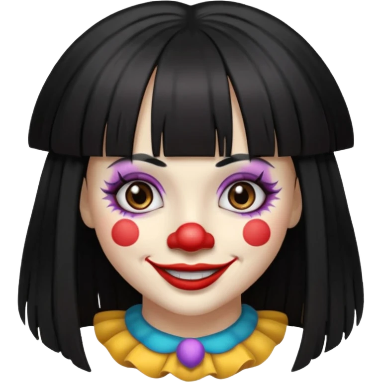 Uma palhaça om os cabelos pretos, longos, liso e com franja, olhos castanhos emoji