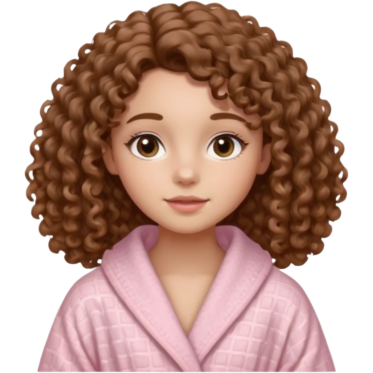  “16-year-old girl with light warm-toned skin and medium brown 3B curly hair, wearing a light pink waffle-textured robe, oval-shaped face with full lips, almond dark eyes, natural makeup look, Clean girl aesthetic, soft curls, natural glow, feminine and sweet expression. emoji