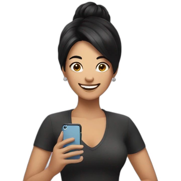 happy woman with black hair holding a iphone emoji