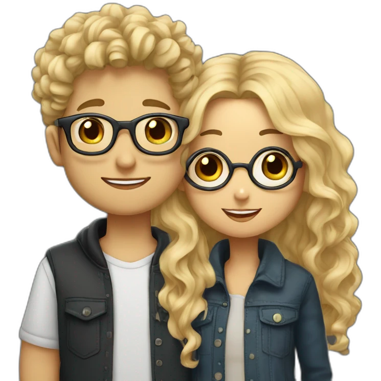 Boy with curly blonde hair and glasses kissing girl with wavy black hair and glasses emoji