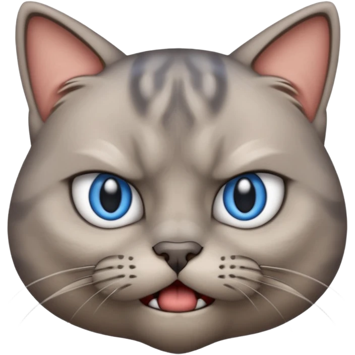 angry grey cat blue small slanted eyes. iphone real emoji style, made the cat look challenging emoji