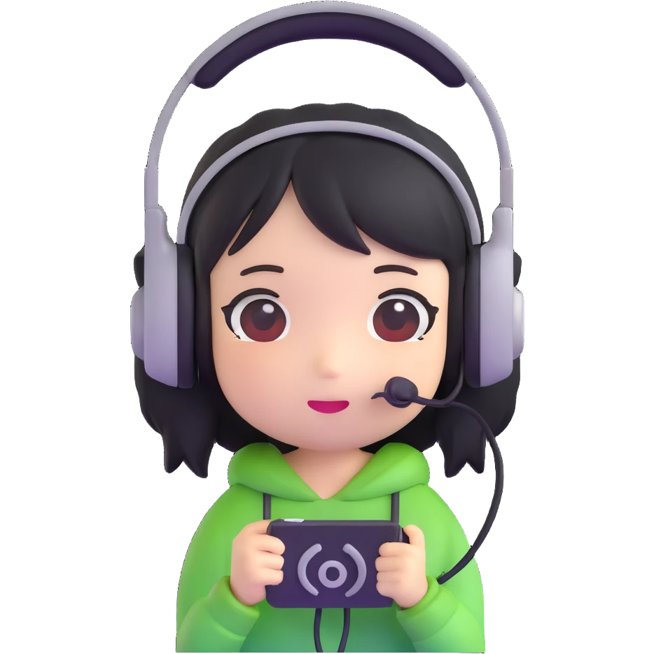 Momo Momone chibi form with a headset emoji