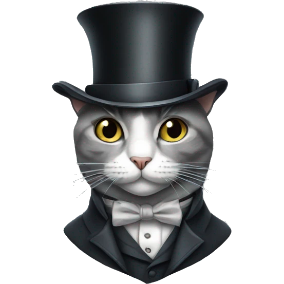 A grey cat in a top hat with a monocle "oh, you are from England"   emoji