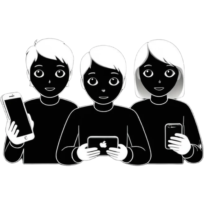 Minimalistic flat vector icon, iOS style, thin black contour on white background. Three small developer silhouettes around a smartphone with code brackets <>. Clean, no text, no shadows. emoji