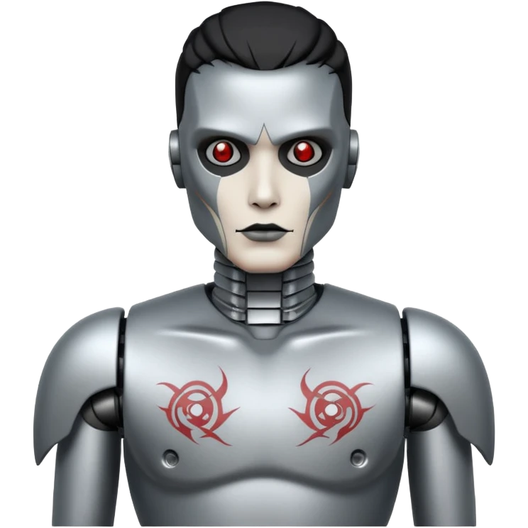 black metal Tatooed robot, big many tatooes on chest, neck and face, white tatoo on face emoji