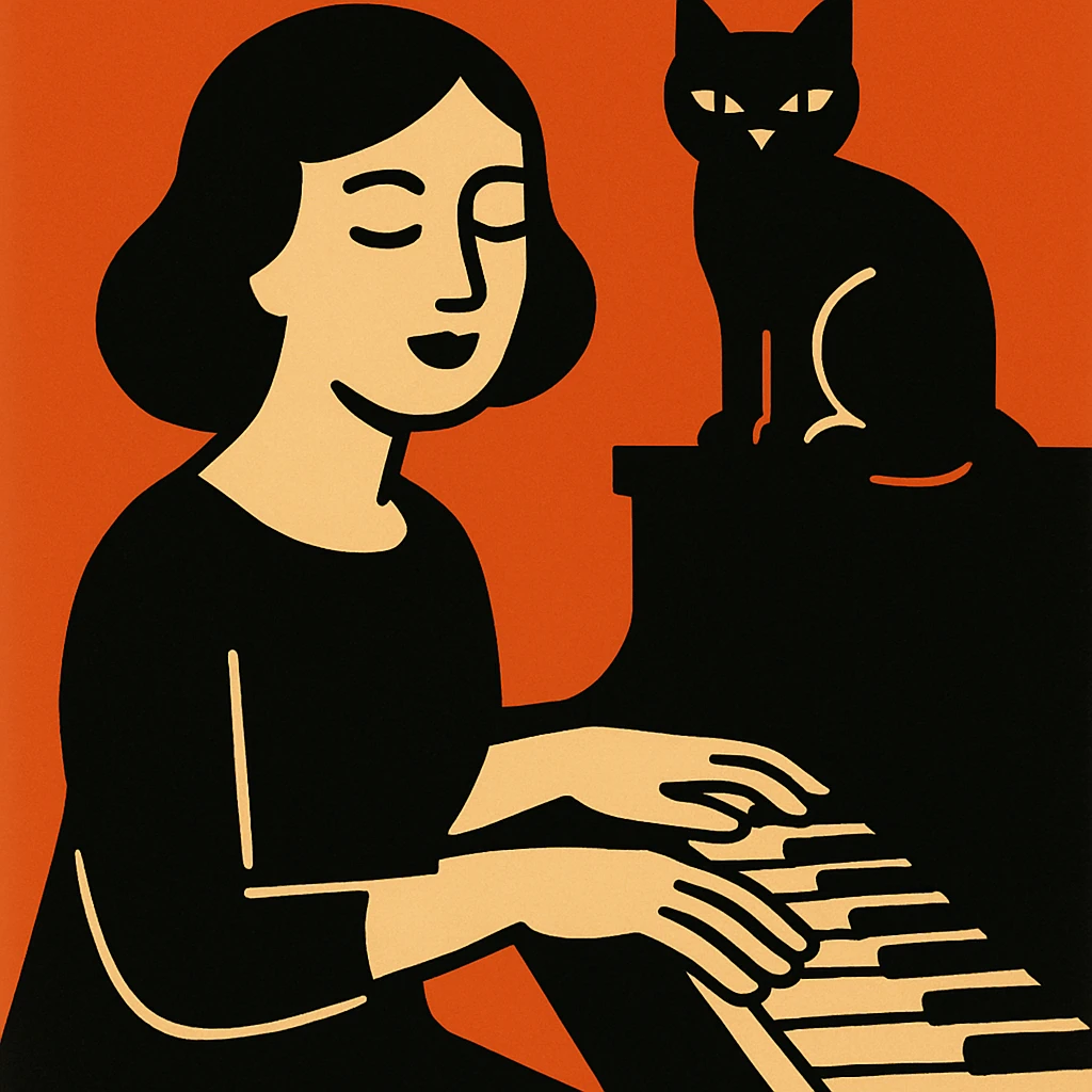 woman playing piano while her cat sits on top of the piano emoji