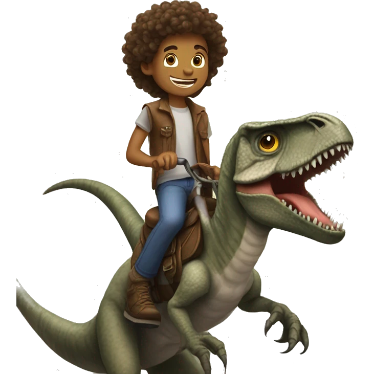 Boy with long curly hair riding velociraptor  emoji
