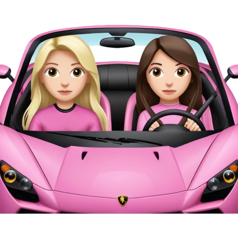 Make car far away so I can see full car Car facing forward in sports car. Make hair long  two girls in car far away Front of car sitting in the seats. Make it a pink sports car. They are two baddies make it a Lamborghini pink car  emoji