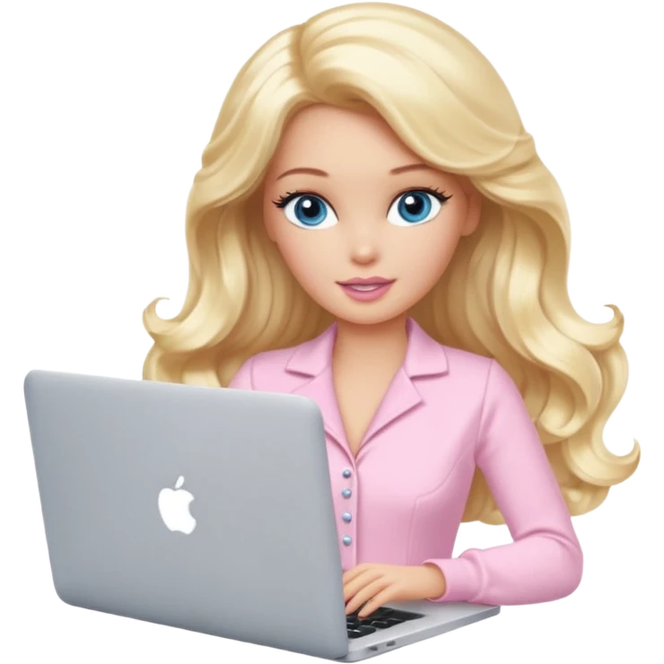 beautiful barbie blonde girl with long wavy hair. she has light blue eyes. she is wearing a pale pink coquette clothing. the girl is working on macbook emoji